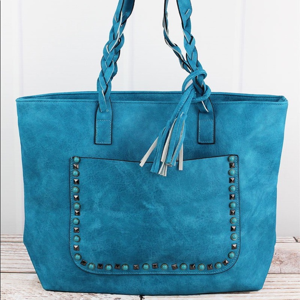 Turquoise Studded Tassel Tote